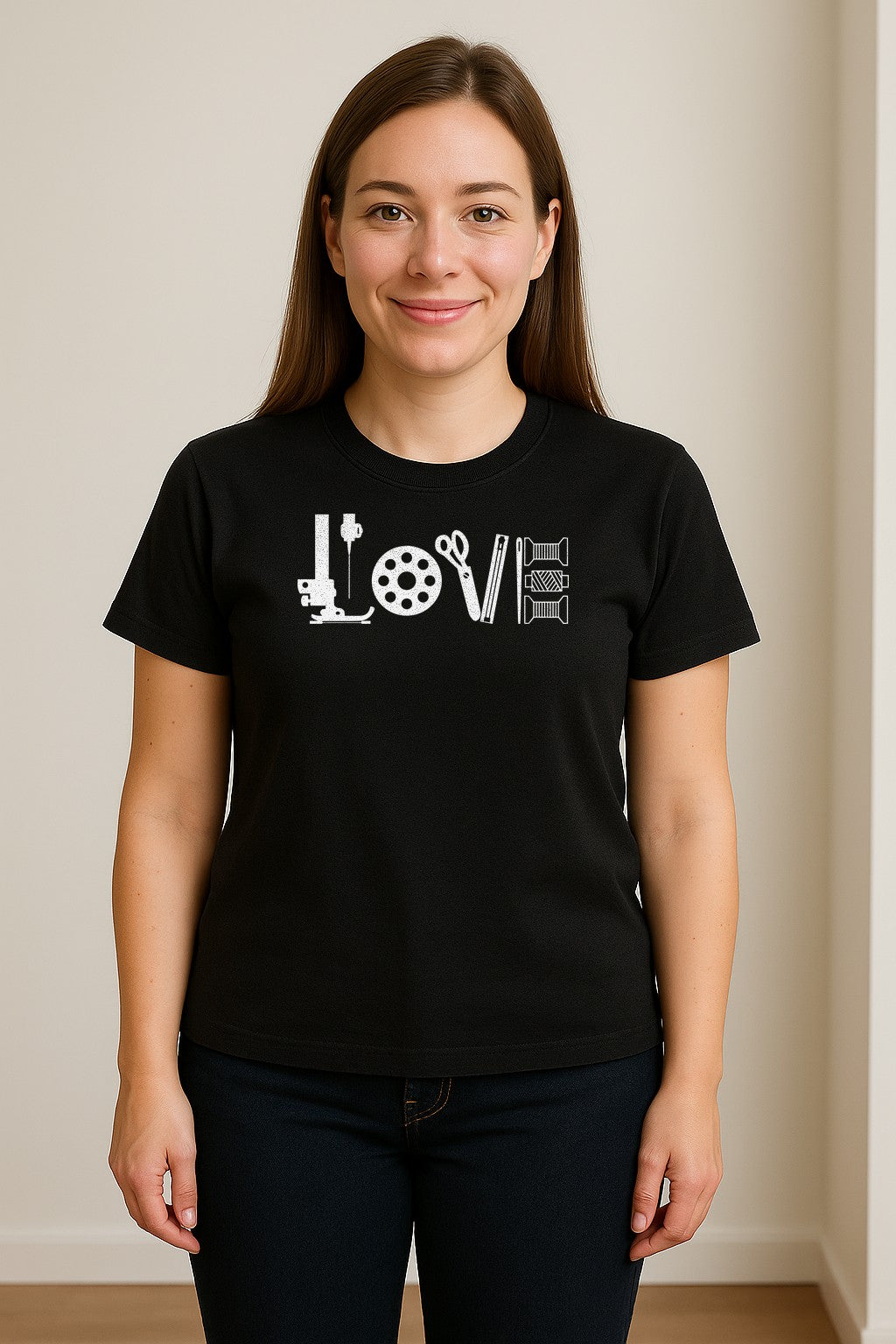 Sewing T-Shirt, Love Machine with Button and Scissors Graphic for Quilters, Seamstresses and Crafters
