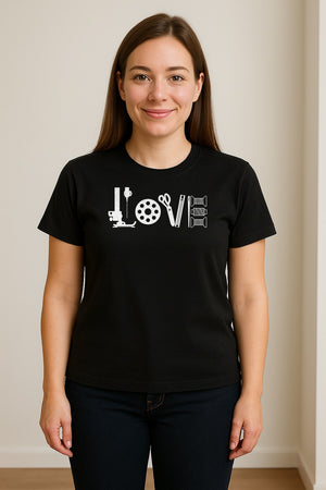 Sewing T-Shirt, Love Machine with Button and Scissors Graphic for Quilters, Seamstresses and Crafters