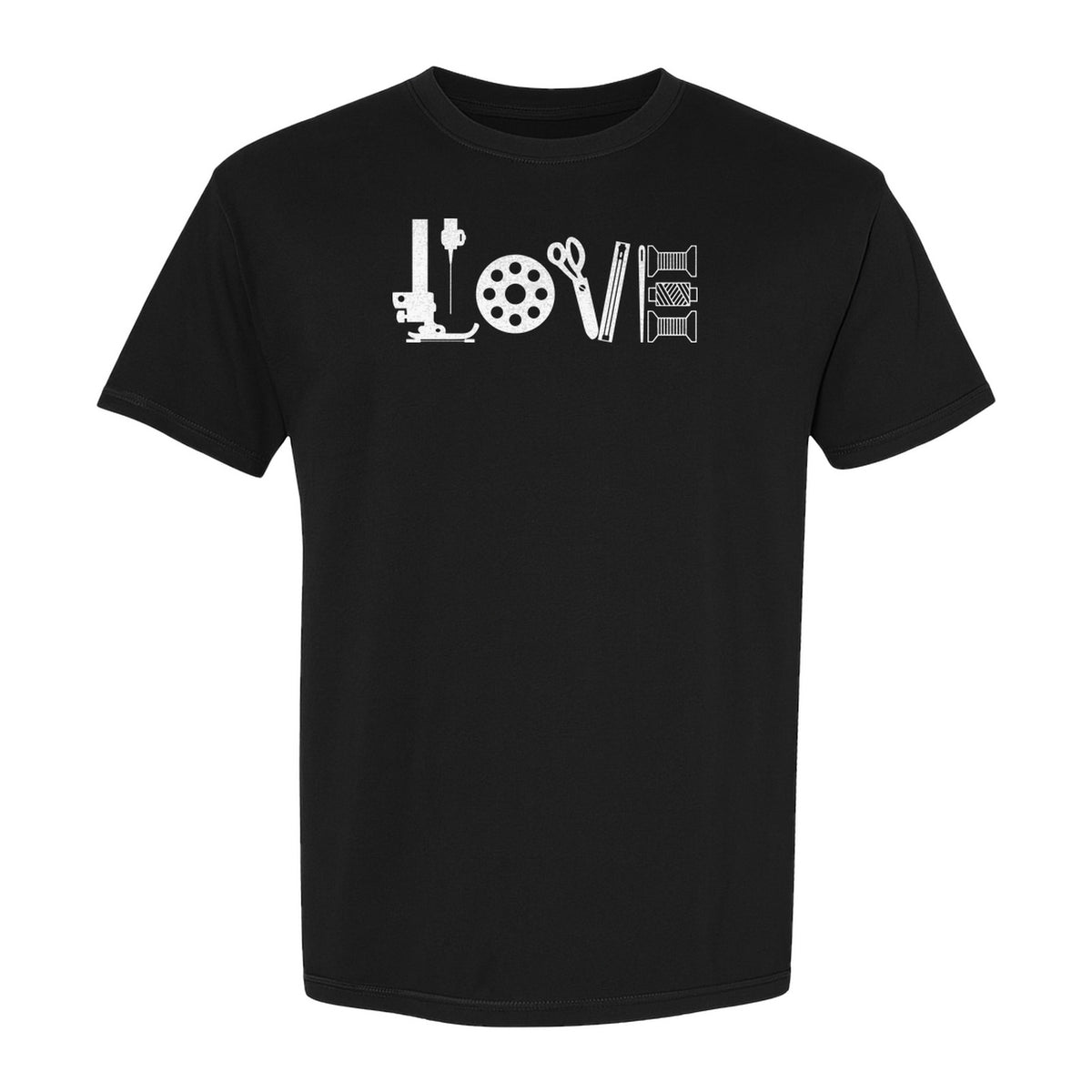 Sewing T-Shirt, Love Machine with Button and Scissors Graphic for Quilters, Seamstresses and Crafters