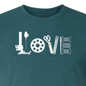 Sewing T-Shirt, Love Machine with Button and Scissors Graphic for Quilters, Seamstresses and Crafters