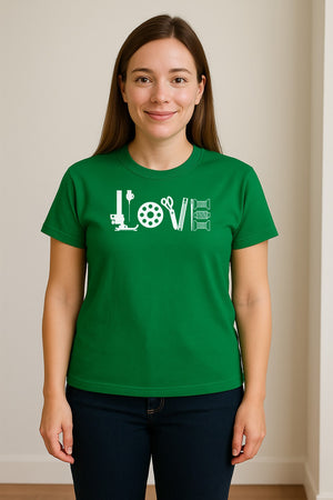 Sewing T-Shirt, Love Machine with Button and Scissors Graphic for Quilters, Seamstresses and Crafters