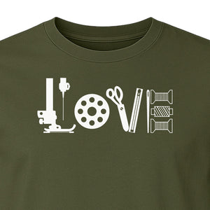 Sewing T-Shirt, Love Machine with Button and Scissors Graphic for Quilters, Seamstresses and Crafters