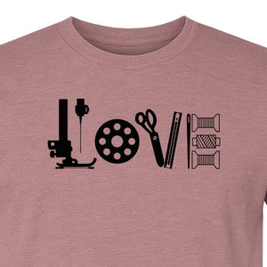 Sewing T-Shirt, Love Machine with Button and Scissors Graphic for Quilters, Seamstresses and Crafters