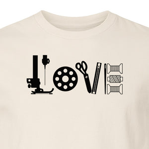 Sewing T-Shirt, Love Machine with Button and Scissors Graphic for Quilters, Seamstresses and Crafters