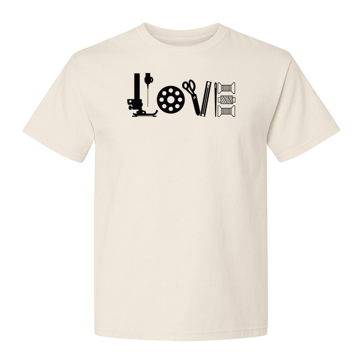 Sewing T-Shirt, Love Machine with Button and Scissors Graphic for Quilters, Seamstresses and Crafters