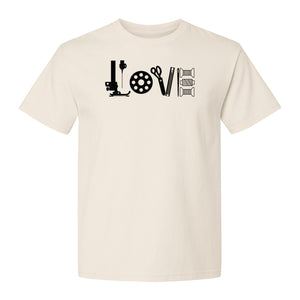 Sewing T-Shirt, Love Machine with Button and Scissors Graphic for Quilters, Seamstresses and Crafters