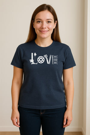 Sewing T-Shirt, Love Machine with Button and Scissors Graphic for Quilters, Seamstresses and Crafters