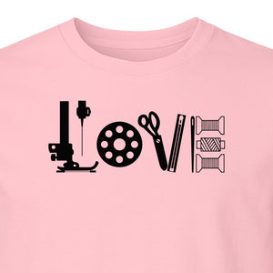 Sewing T-Shirt, Love Machine with Button and Scissors Graphic for Quilters, Seamstresses and Crafters