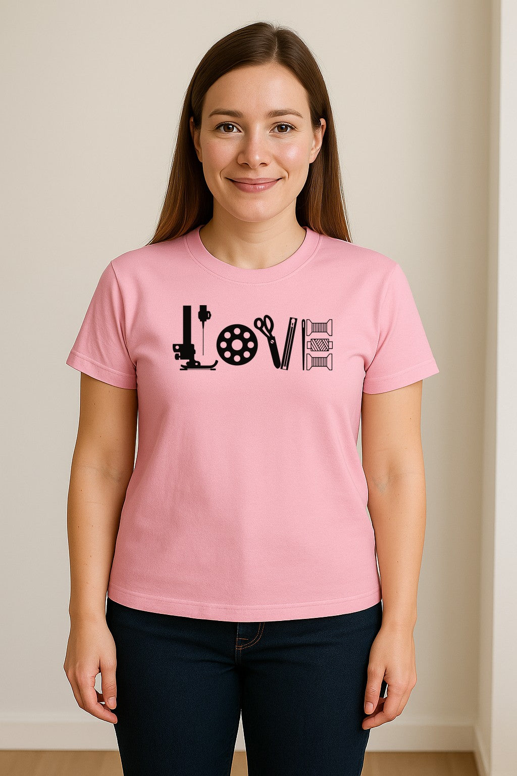 Sewing T-Shirt, Love Machine with Button and Scissors Graphic for Quilters, Seamstresses and Crafters