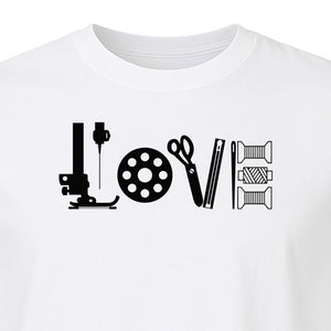 Sewing T-Shirt, Love Machine with Button and Scissors Graphic for Quilters, Seamstresses and Crafters