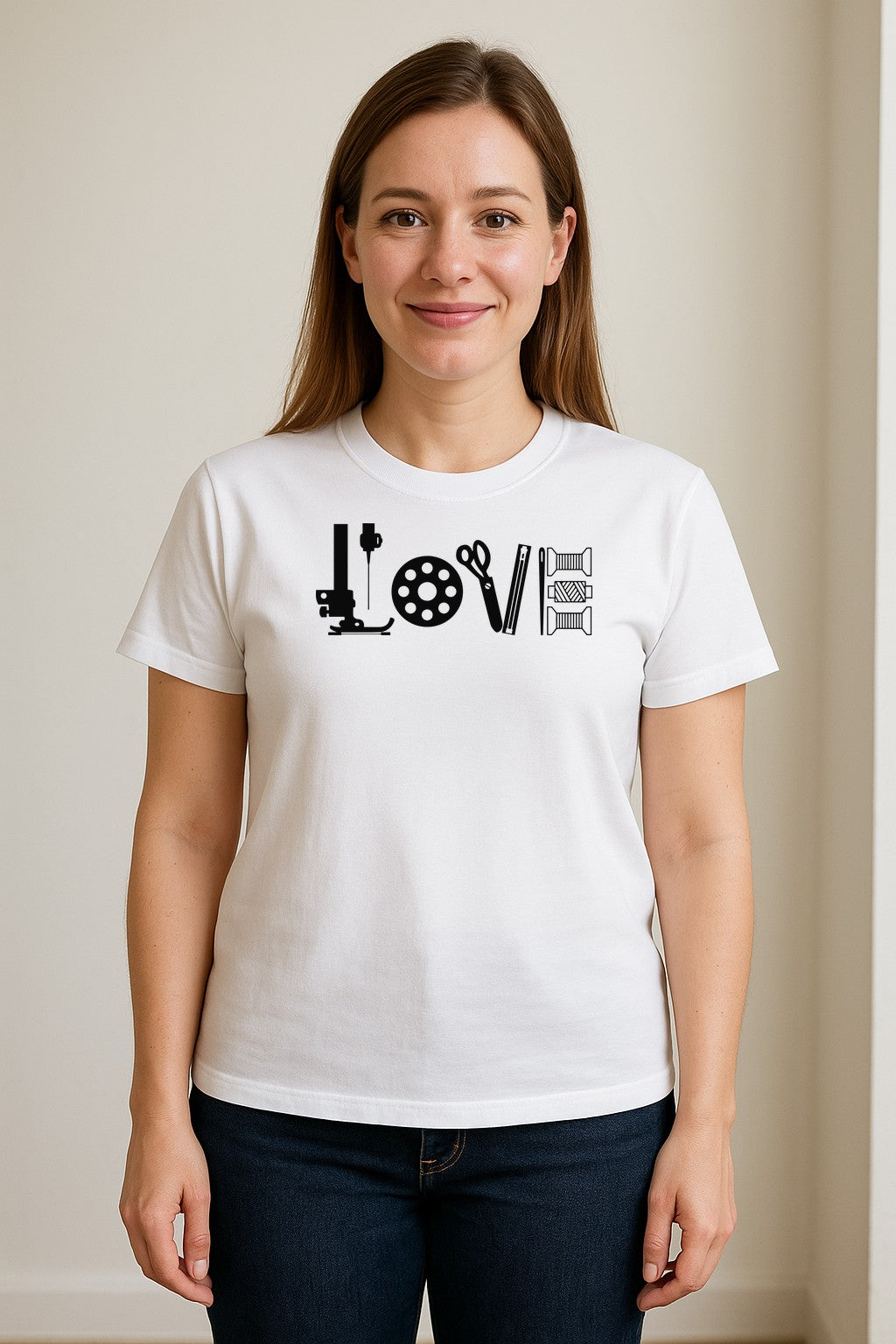Sewing T-Shirt, Love Machine with Button and Scissors Graphic for Quilters, Seamstresses and Crafters