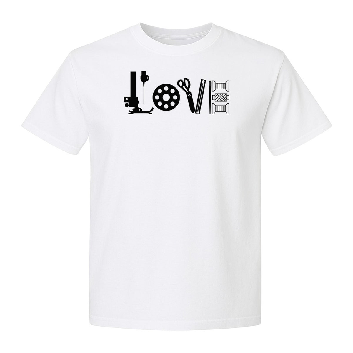 Sewing T-Shirt, Love Machine with Button and Scissors Graphic for Quilters, Seamstresses and Crafters