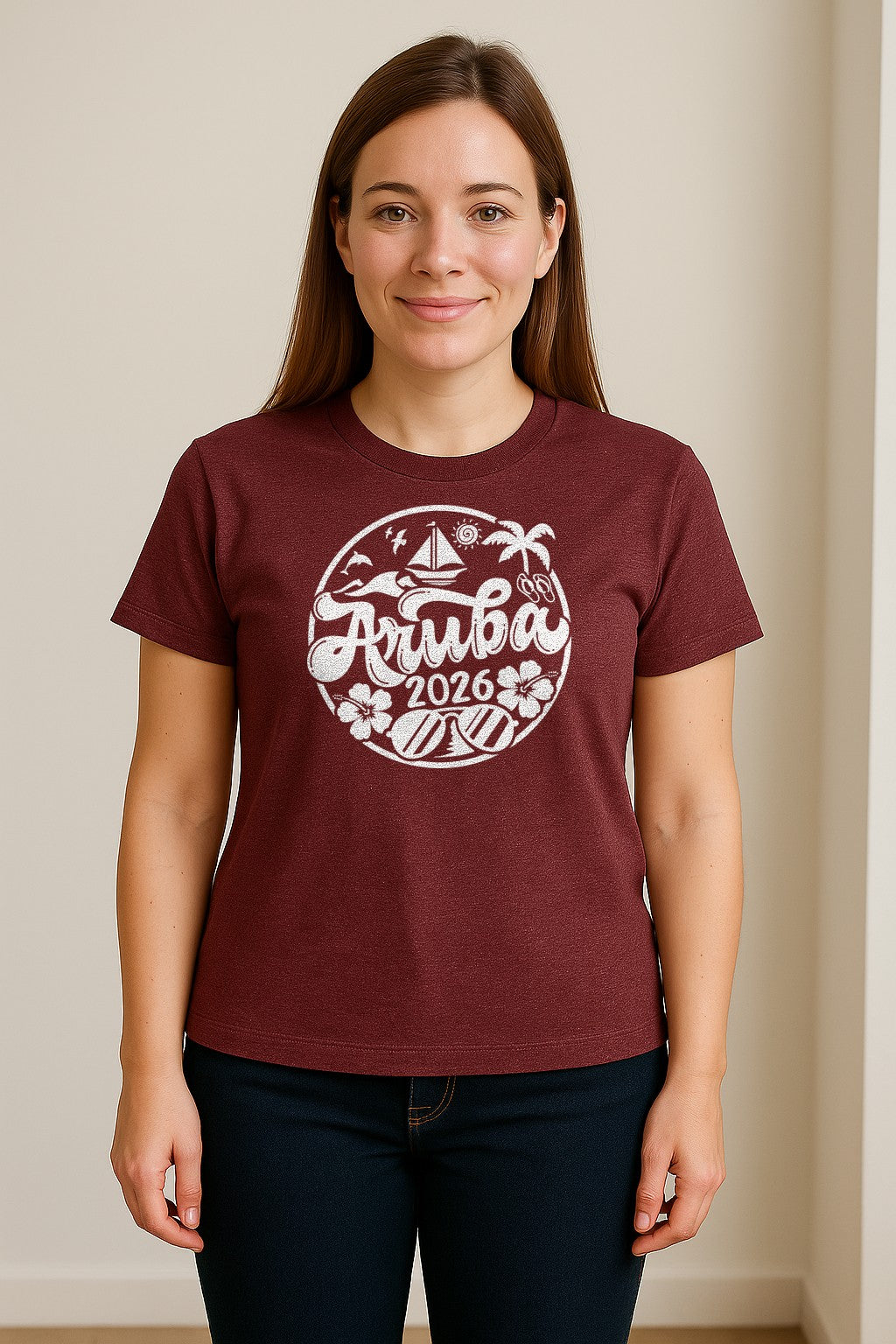 Aruba 2026 T-Shirt, Tropical Sailboat and Palm Tree Vacation Graphic for Beach Trips