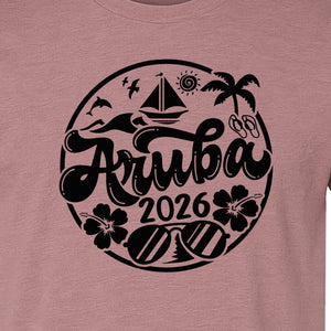 Aruba 2026 T-Shirt, Tropical Sailboat and Palm Tree Vacation Graphic for Beach Trips