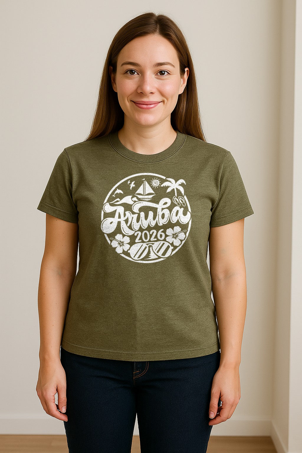 Aruba 2026 T-Shirt, Tropical Sailboat and Palm Tree Vacation Graphic for Beach Trips