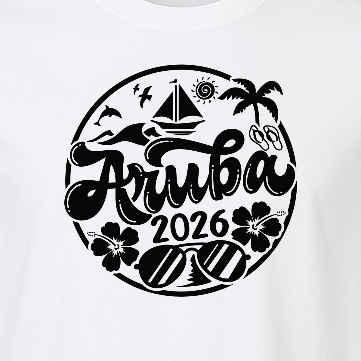 Aruba 2026 T-Shirt, Tropical Sailboat and Palm Tree Vacation Graphic for Beach Trips