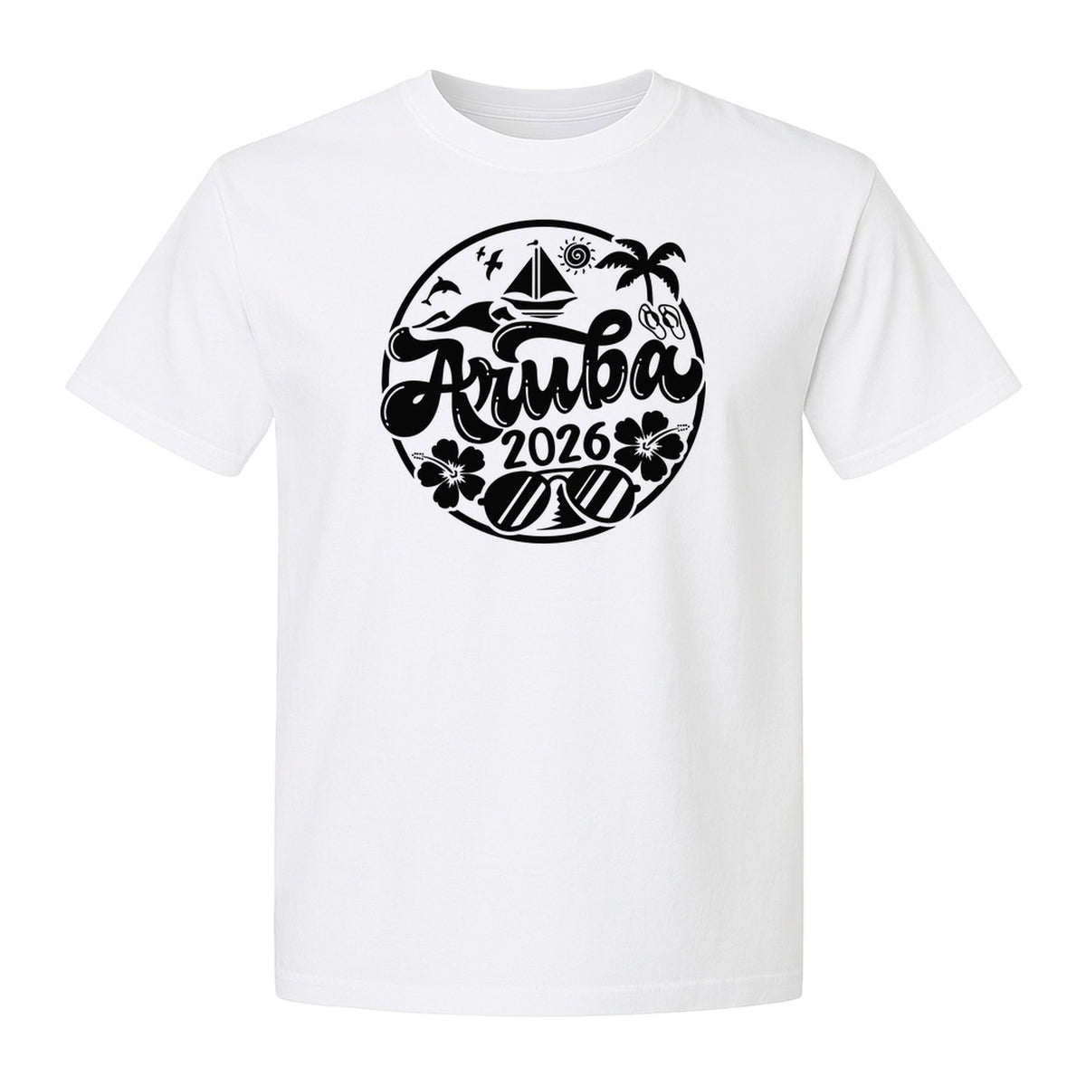 Aruba 2026 T-Shirt, Tropical Sailboat and Palm Tree Vacation Graphic for Beach Trips
