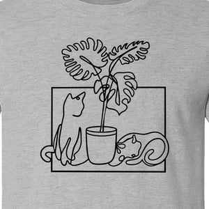 Cat and Houseplant T-Shirt, Line Art Gardening Gift for Plant Lovers and Gardeners