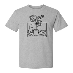 Cat and Houseplant T-Shirt, Line Art Gardening Gift for Plant Lovers and Gardeners