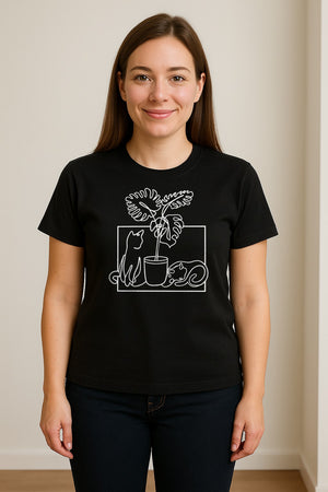 Cat and Houseplant T-Shirt, Line Art Gardening Gift for Plant Lovers and Gardeners