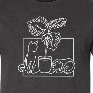 Cat and Houseplant T-Shirt, Line Art Gardening Gift for Plant Lovers and Gardeners