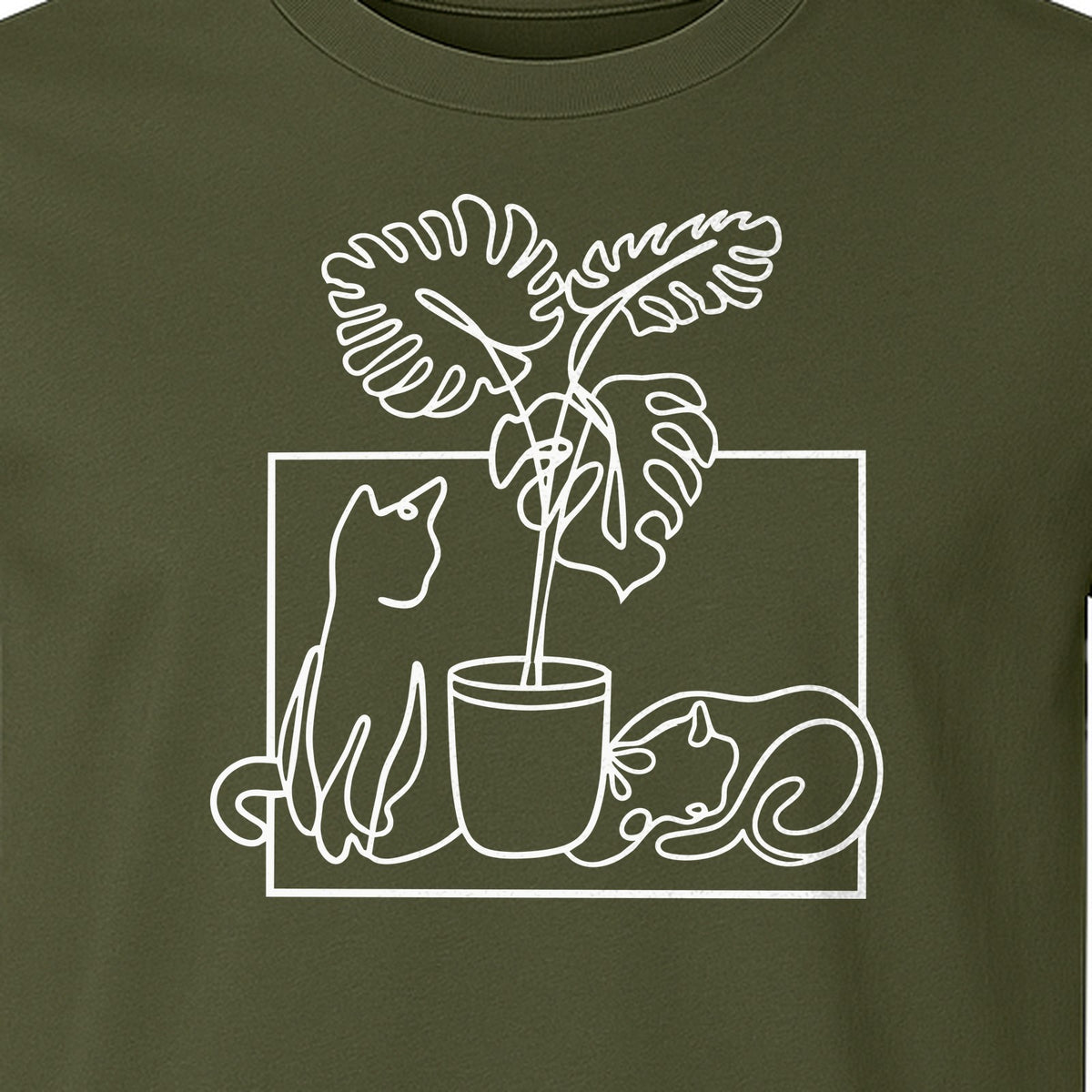 Cat and Houseplant T-Shirt, Line Art Gardening Gift for Plant Lovers and Gardeners