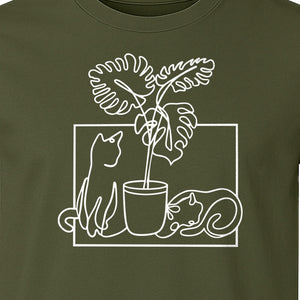 Cat and Houseplant T-Shirt, Line Art Gardening Gift for Plant Lovers and Gardeners