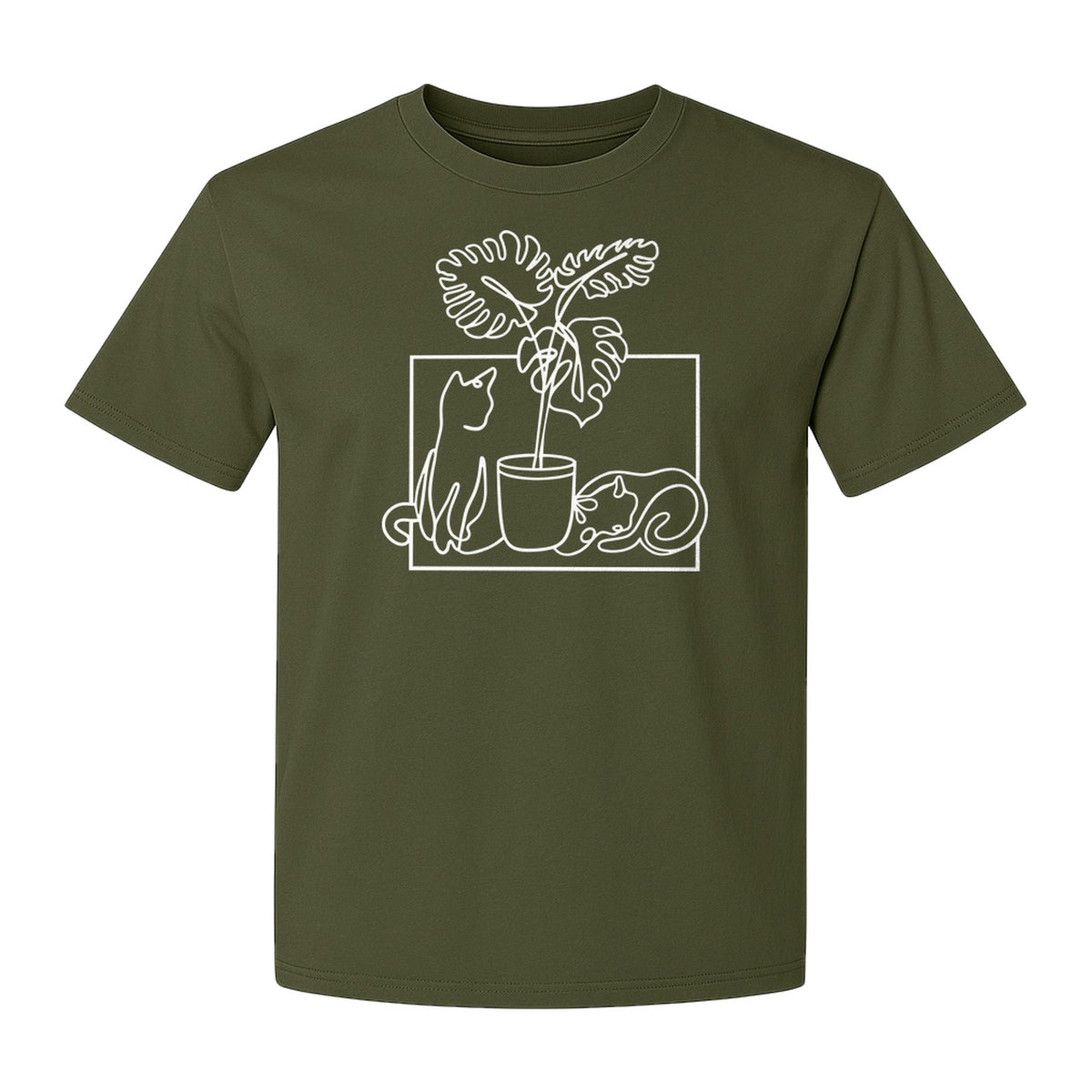 Cat and Houseplant T-Shirt, Line Art Gardening Gift for Plant Lovers and Gardeners