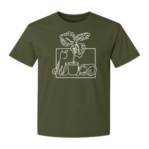 Cat and Houseplant T-Shirt, Line Art Gardening Gift for Plant Lovers and Gardeners