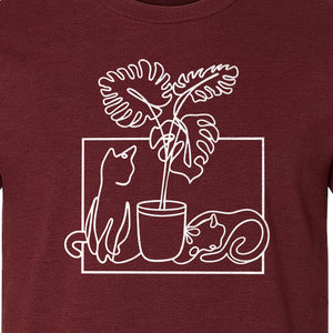 Cat and Houseplant T-Shirt, Line Art Gardening Gift for Plant Lovers and Gardeners