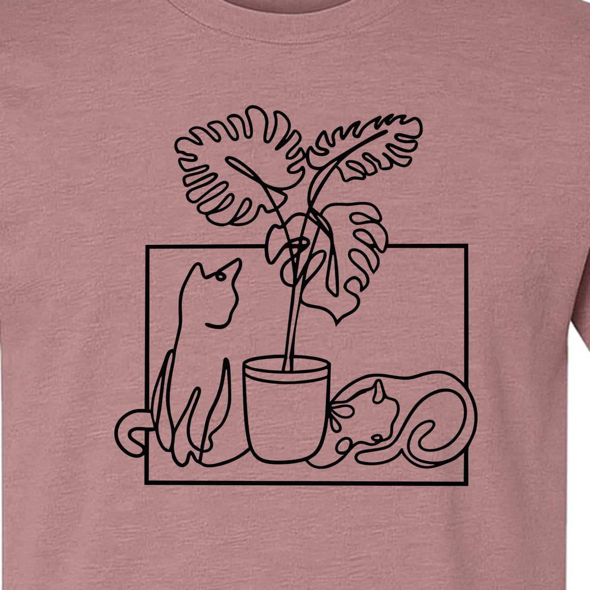 Cat and Houseplant T-Shirt, Line Art Gardening Gift for Plant Lovers and Gardeners