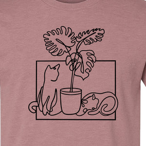 Cat and Houseplant T-Shirt, Line Art Gardening Gift for Plant Lovers and Gardeners