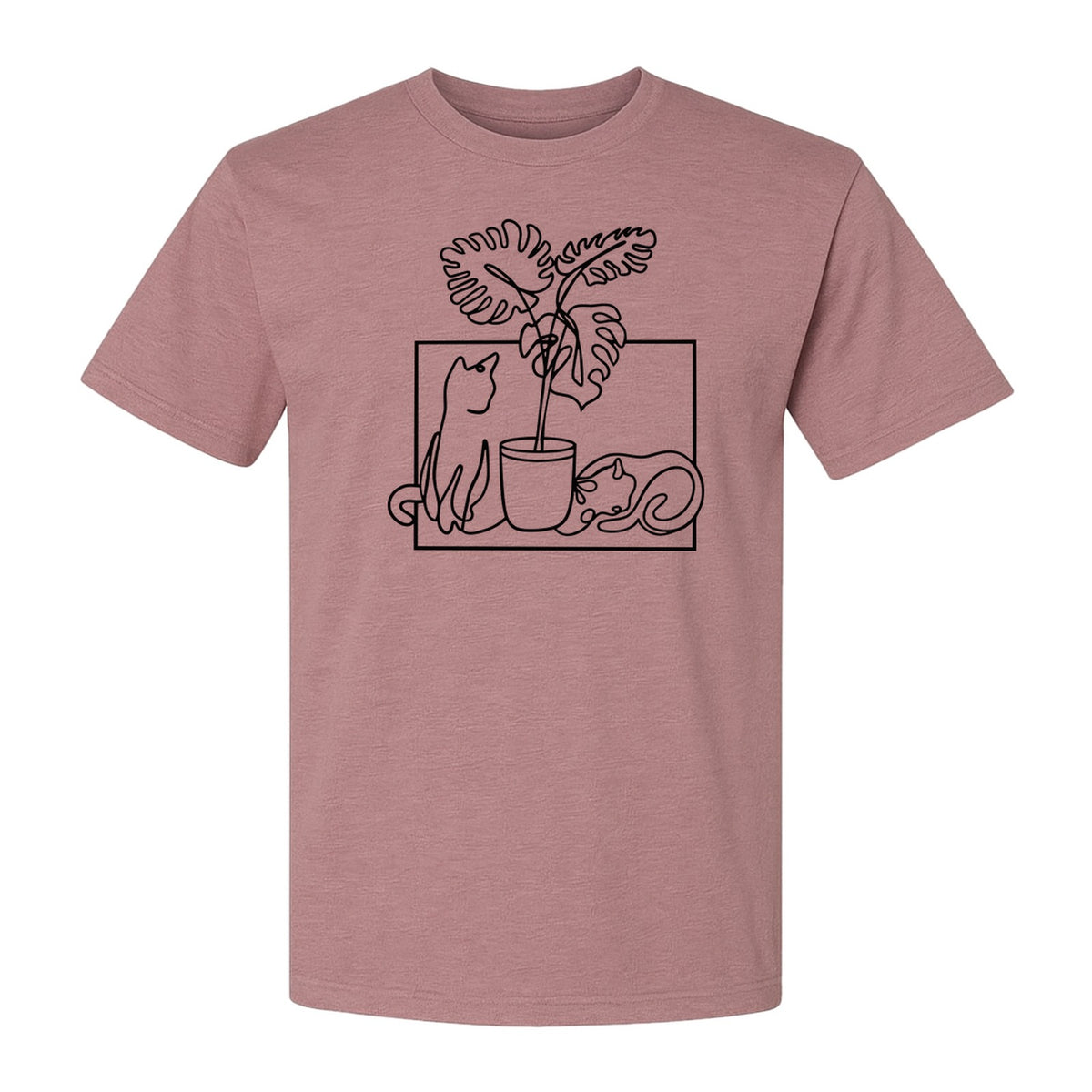 Cat and Houseplant T-Shirt, Line Art Gardening Gift for Plant Lovers and Gardeners