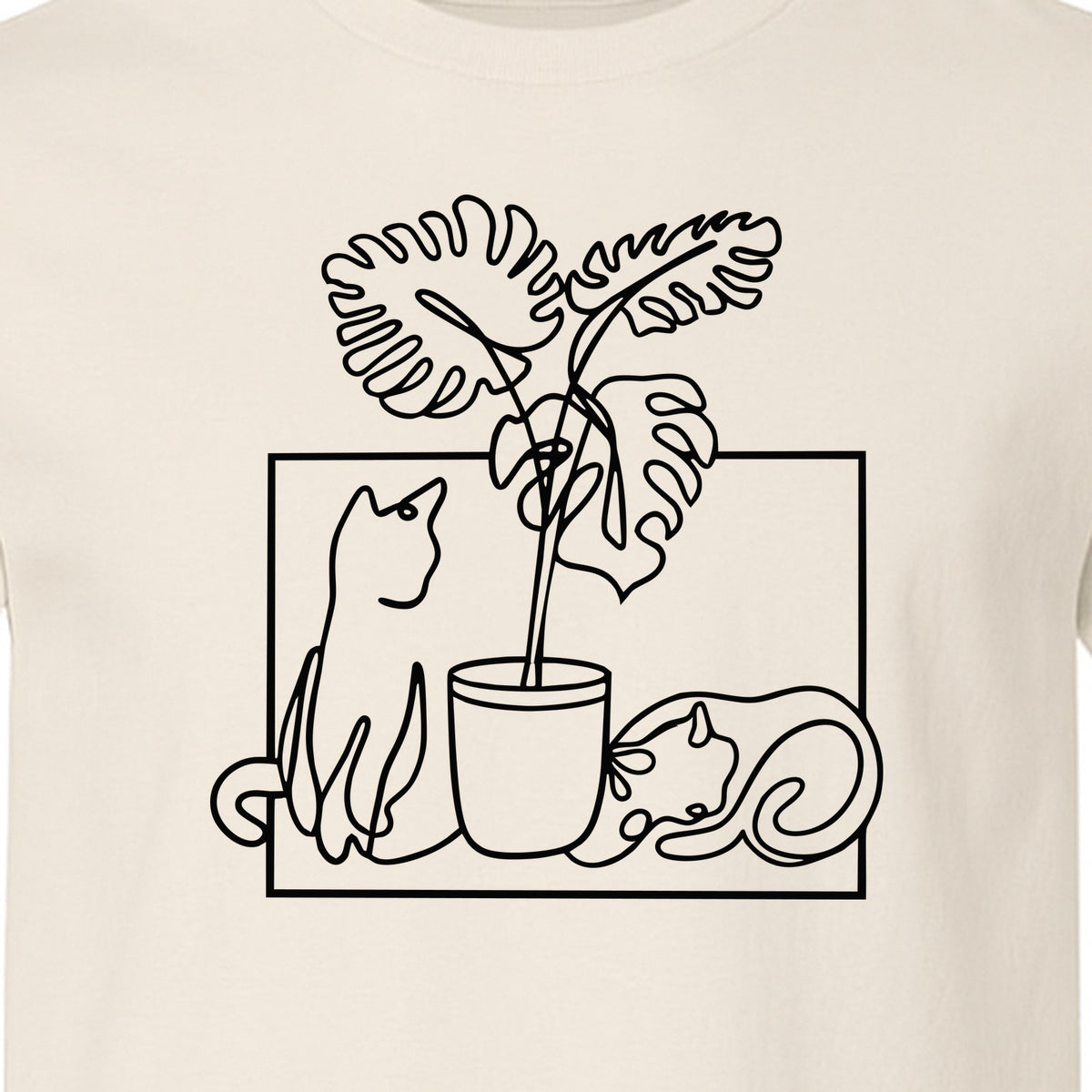 Cat and Houseplant T-Shirt, Line Art Gardening Gift for Plant Lovers and Gardeners