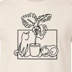 Cat and Houseplant T-Shirt, Line Art Gardening Gift for Plant Lovers and Gardeners