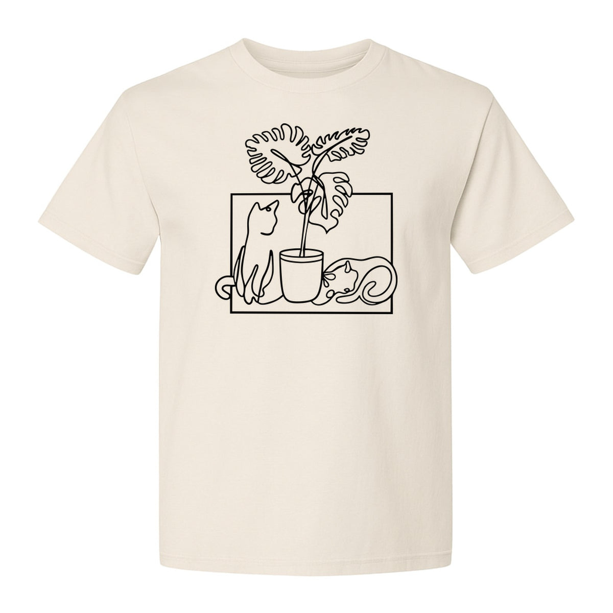 Cat and Houseplant T-Shirt, Line Art Gardening Gift for Plant Lovers and Gardeners