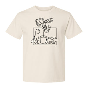 Cat and Houseplant T-Shirt, Line Art Gardening Gift for Plant Lovers and Gardeners