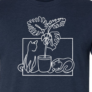 Cat and Houseplant T-Shirt, Line Art Gardening Gift for Plant Lovers and Gardeners