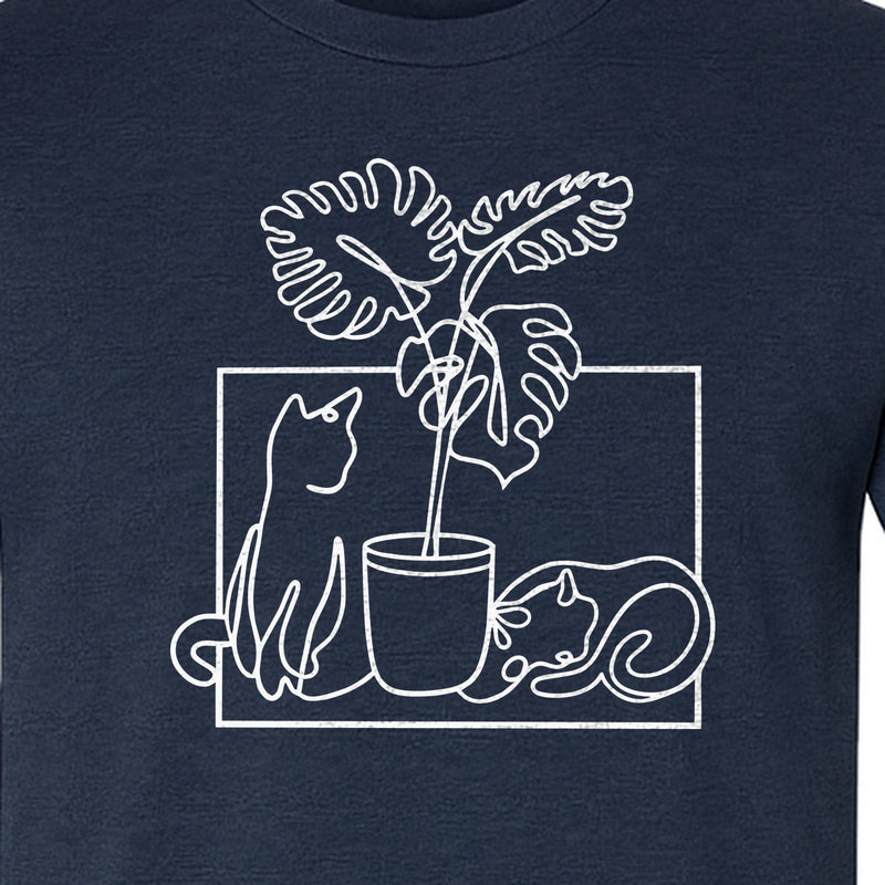 Cat and Houseplant T-Shirt, Line Art Gardening Gift for Plant Lovers and Gardeners