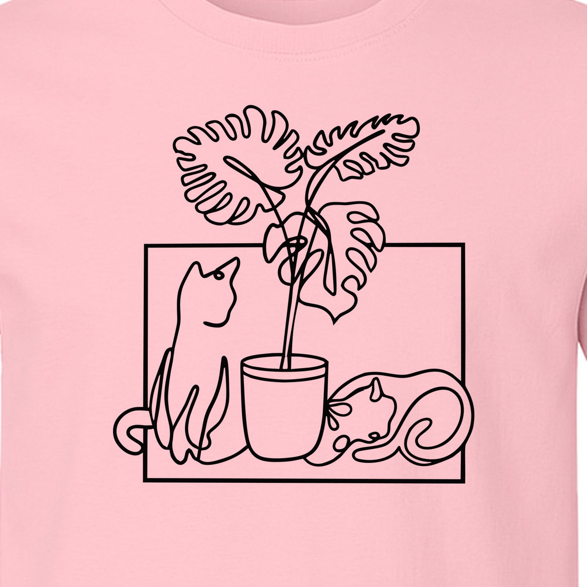 Cat and Houseplant T-Shirt, Line Art Gardening Gift for Plant Lovers and Gardeners