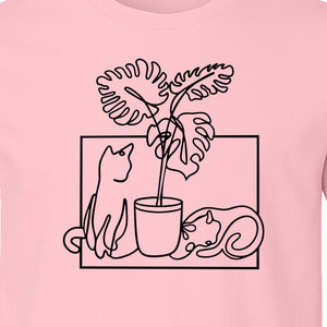 Cat and Houseplant T-Shirt, Line Art Gardening Gift for Plant Lovers and Gardeners