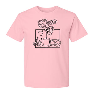 Cat and Houseplant T-Shirt, Line Art Gardening Gift for Plant Lovers and Gardeners