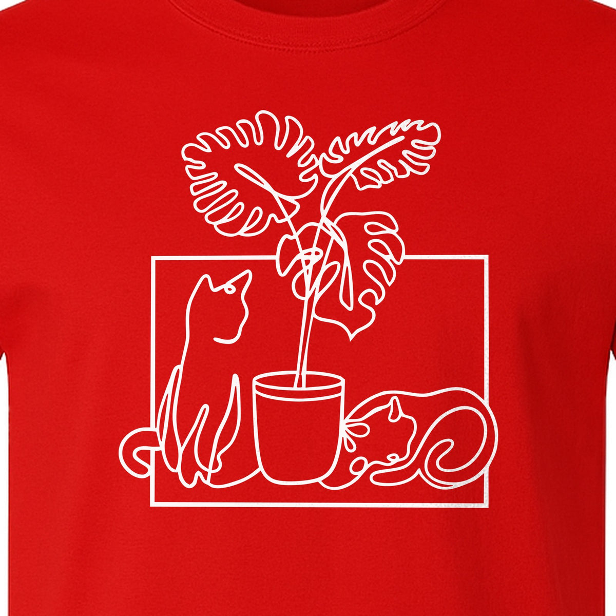 Cat and Houseplant T-Shirt, Line Art Gardening Gift for Plant Lovers and Gardeners