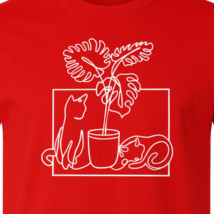 Cat and Houseplant T-Shirt, Line Art Gardening Gift for Plant Lovers and Gardeners