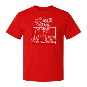 Cat and Houseplant T-Shirt, Line Art Gardening Gift for Plant Lovers and Gardeners
