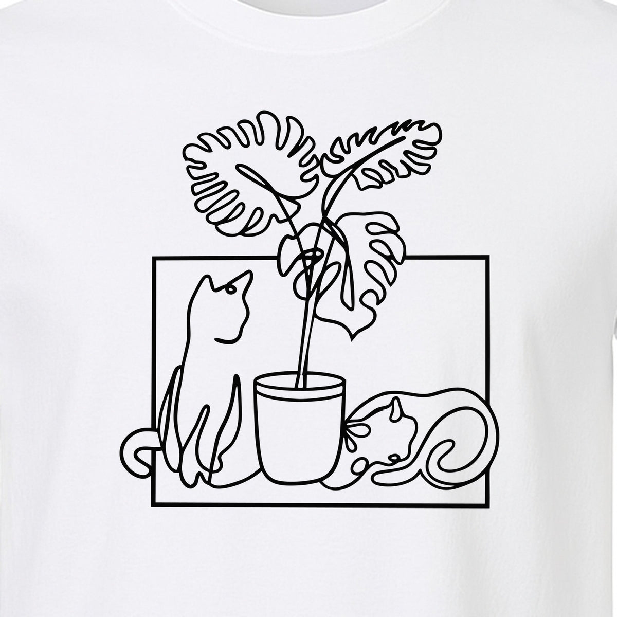 Cat and Houseplant T-Shirt, Line Art Gardening Gift for Plant Lovers and Gardeners