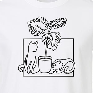 Cat and Houseplant T-Shirt, Line Art Gardening Gift for Plant Lovers and Gardeners