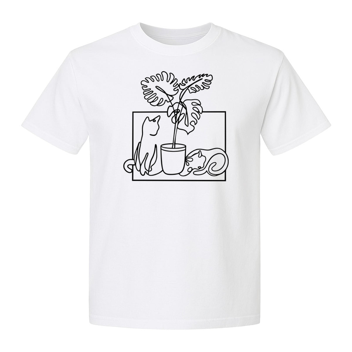 Cat and Houseplant T-Shirt, Line Art Gardening Gift for Plant Lovers and Gardeners