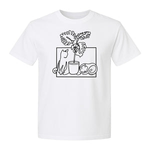 Cat and Houseplant T-Shirt, Line Art Gardening Gift for Plant Lovers and Gardeners