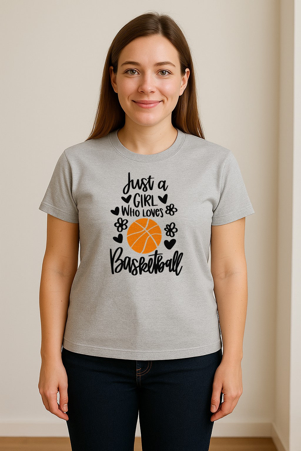 Just a Girl Who Loves Basketball T-Shirt, Heart and Flower Graphic for Players and Fans